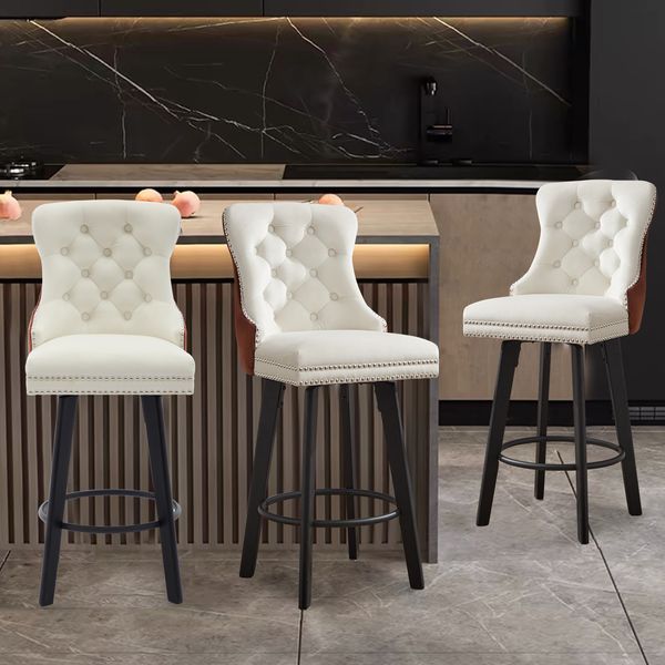 Dropship Modern Swivel Bar Stools Velvet Barstools Button Tufted Bar Stools Rivet Trim Bar Stools For Kitchen Island Bistro With Metal Pull Ring Sturdy Footrest Large Backrest For Home Bar 3 to Sell