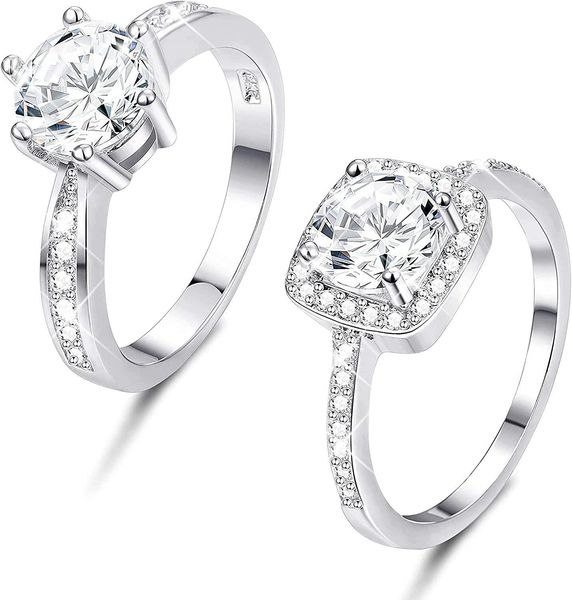 Dropship Wedding Rings Set For Women 14K White Gold Plated Copper Halo Rings Round Cubic Zirconia Solitaire Engagement Band Rings Size 8 to Sell Online at a Lower Price Doba